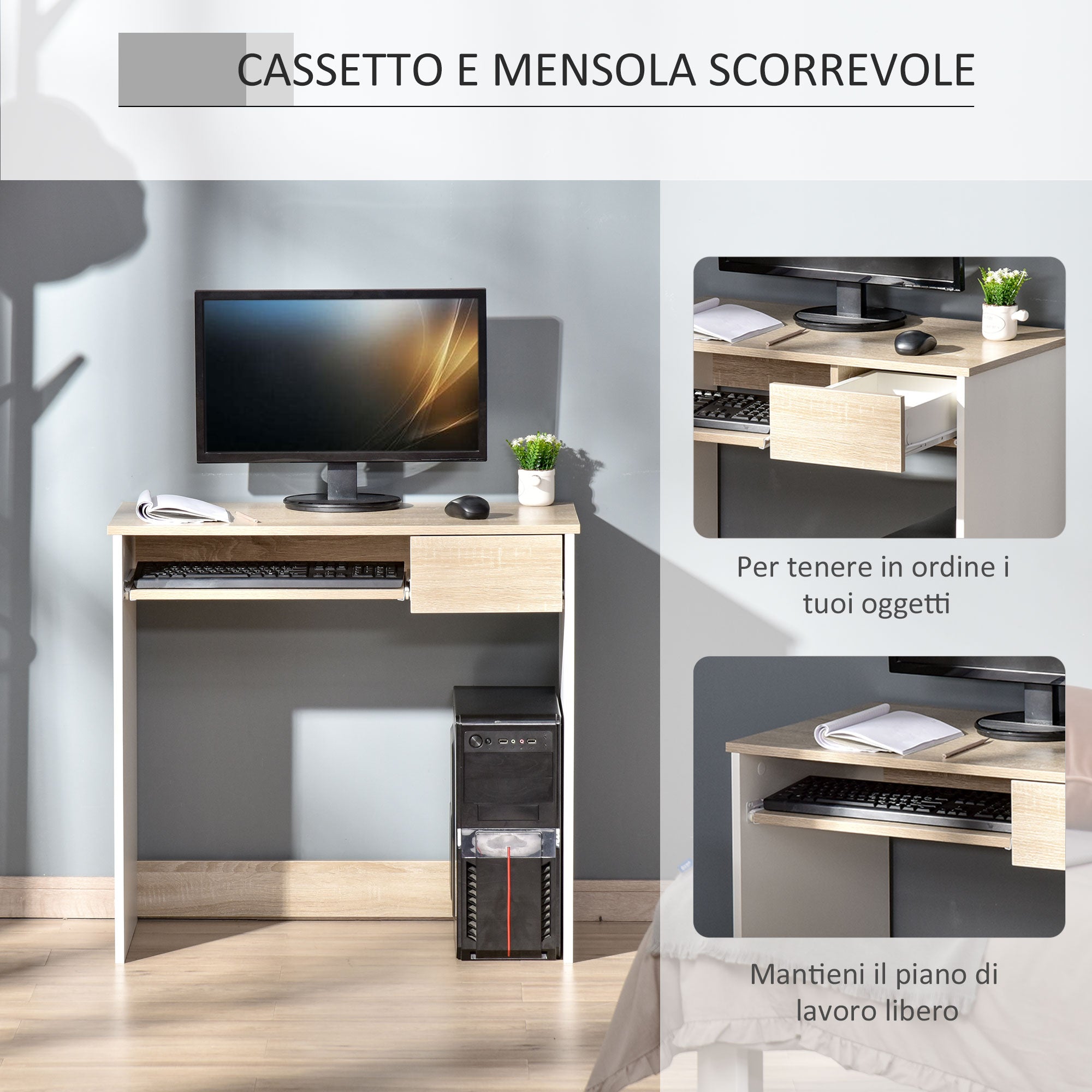 Desk for Bedroom, Wood PC Desk, Computer Desk with Keyboard Shelf, Oak and White