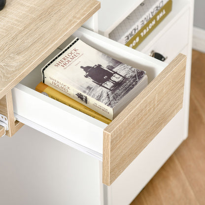 Desk for Bedroom, Wood PC Desk, Computer Desk with Keyboard Shelf, Oak and White