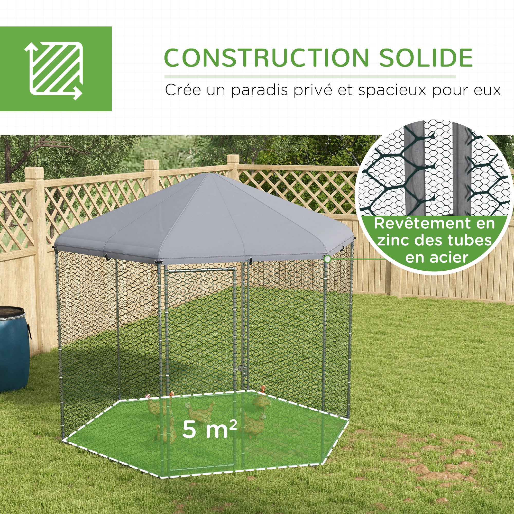 Chicken Coop Kennel Aviary Hexagonal Outdoor 5 m² - mesh enclosure dim. 2.8L x 2.45W x 2.46H - covered space - galvanized steel - 5/8 chickens