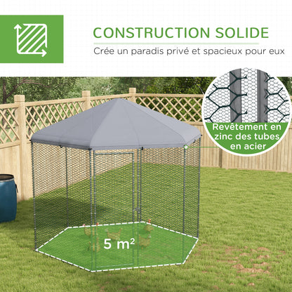 Chicken Coop Kennel Aviary Hexagonal Outdoor 5 m² - mesh enclosure dim. 2.8L x 2.45W x 2.46H - covered space - galvanized steel - 5/8 chickens