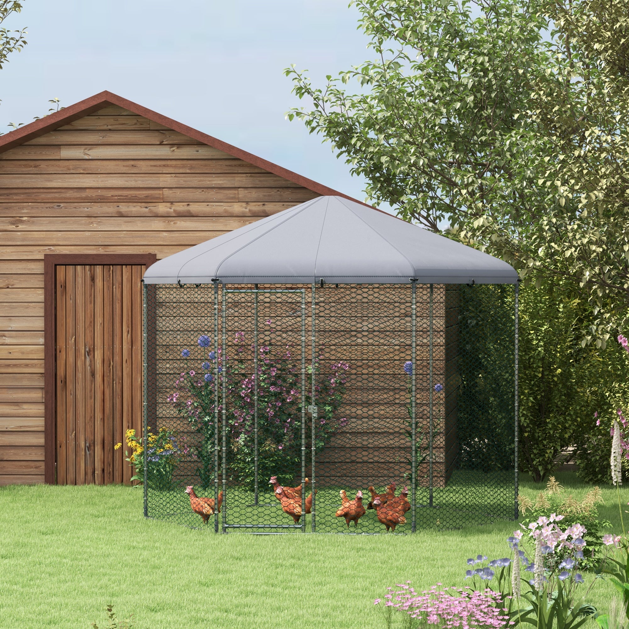 Chicken Coop Kennel Aviary Hexagonal Outdoor 5 m² - mesh enclosure dim. 2.8L x 2.45W x 2.46H - covered space - galvanized steel - 5/8 chickens