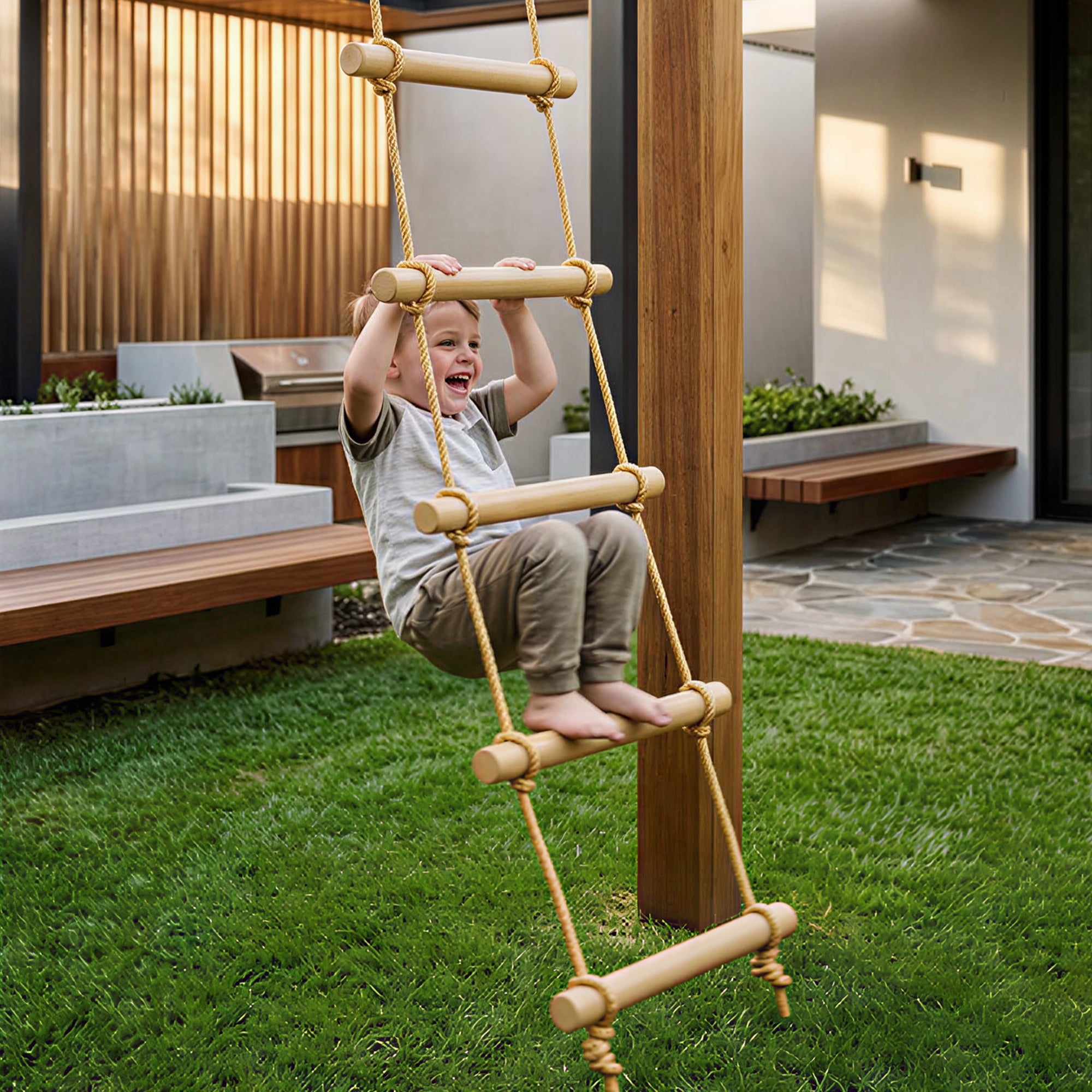 Ninja Line Kids 5-Rung Climbing Ladder & 1.8 m (5.9 ft) Slackline Set — Natural Wood, Includes 2 Carabiners & 2 Tree Straps (Ages 3–8)