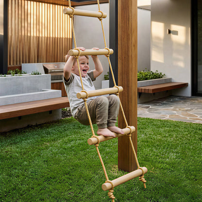 Ninja Line Kids 5-Rung Climbing Ladder & 1.8 m (5.9 ft) Slackline Set — Natural Wood, Includes 2 Carabiners & 2 Tree Straps (Ages 3–8)