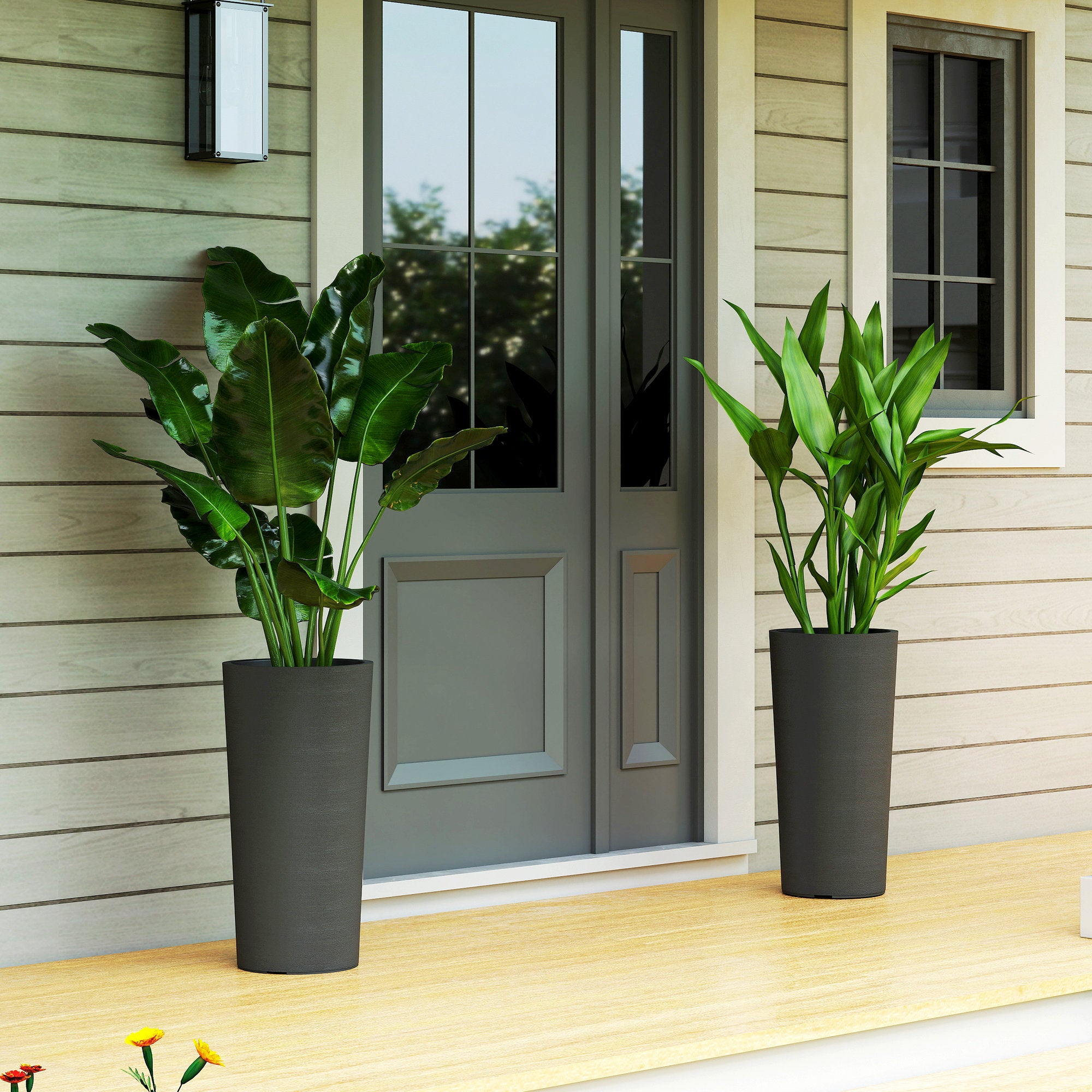 Set of 2 Stackable 23.6 in Tall Planters – Plastic Flower Pots with Inner Liner & Drainage, Dark Gray