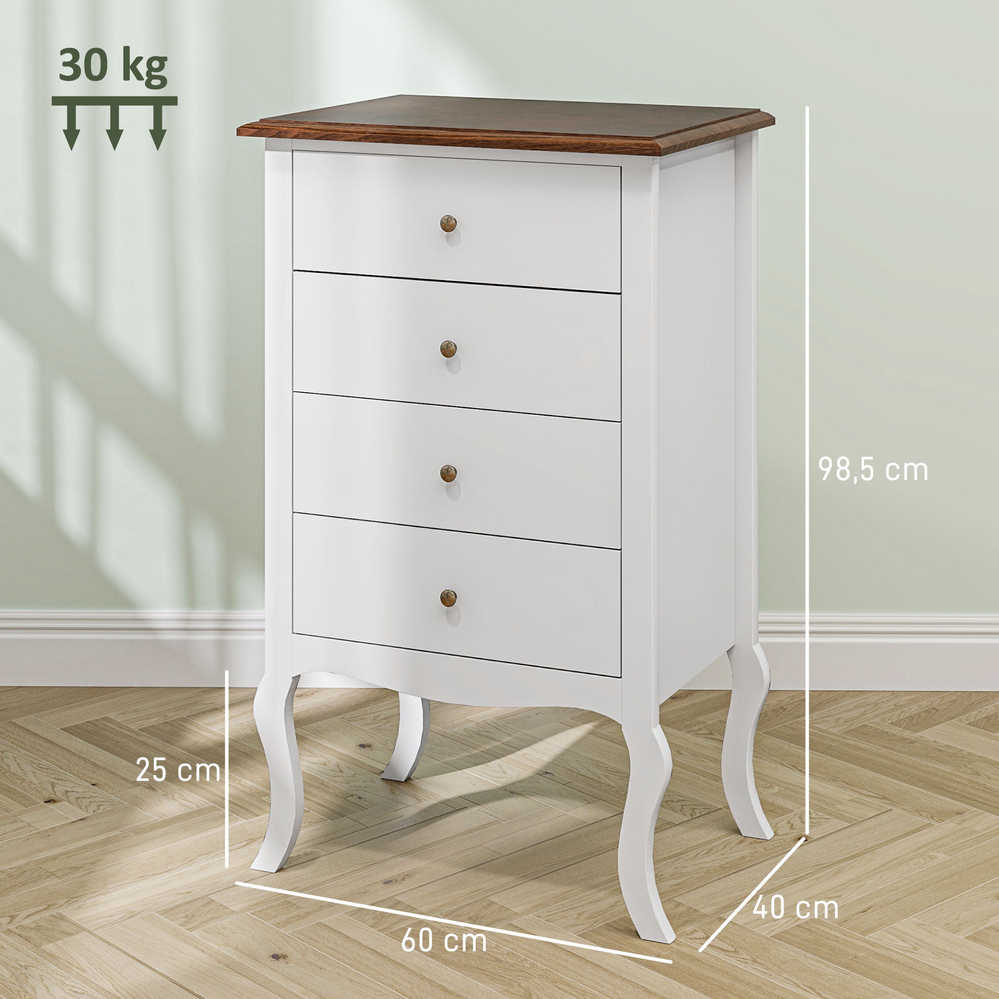 Chest of Drawers with 4 Drawers French-Style Bedroom Chest of Drawers with Anti-Tip Design Dresser for Living Room Hallway 60x40x98.5 cm White and Oak