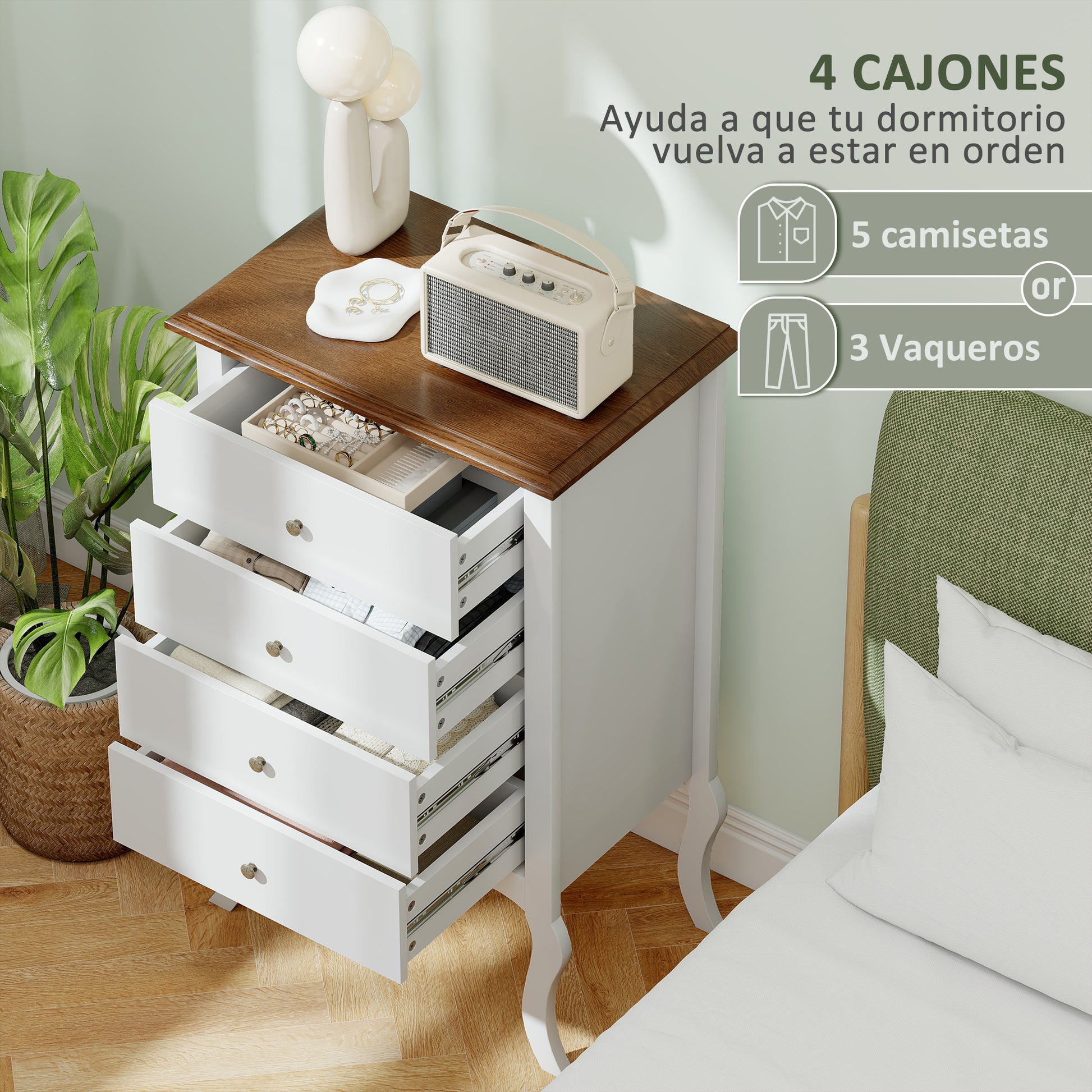 Chest of Drawers with 4 Drawers French-Style Bedroom Chest of Drawers with Anti-Tip Design Dresser for Living Room Hallway 60x40x98.5 cm White and Oak