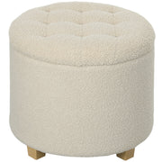 Storage Ottoman Footstool, Small Stool with Lid, Round Footstool with Wooden Legs, Cashmere Look, Padded Stool for Living Room Bedroom, 45 x 45 x 41 cm, Cream White