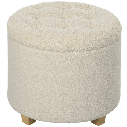 Storage Ottoman Footstool, Small Stool with Lid, Round Footstool with Wooden Legs, Cashmere Look, Padded Stool for Living Room Bedroom, 45 x 45 x 41 cm, Cream White