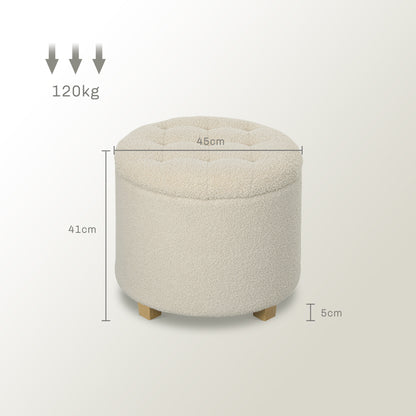 Storage Ottoman Footstool, Small Stool with Lid, Round Footstool with Wooden Legs, Cashmere Look, Padded Stool for Living Room Bedroom, 45 x 45 x 41 cm, Cream White