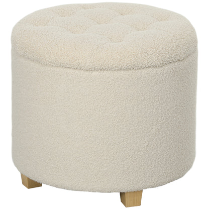 Storage Ottoman Footstool, Small Stool with Lid, Round Footstool with Wooden Legs, Cashmere Look, Padded Stool for Living Room Bedroom, 45 x 45 x 41 cm, Cream White