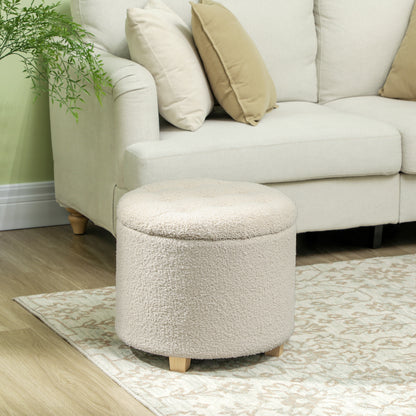 Storage Ottoman Footstool, Small Stool with Lid, Round Footstool with Wooden Legs, Cashmere Look, Padded Stool for Living Room Bedroom, 45 x 45 x 41 cm, Cream White