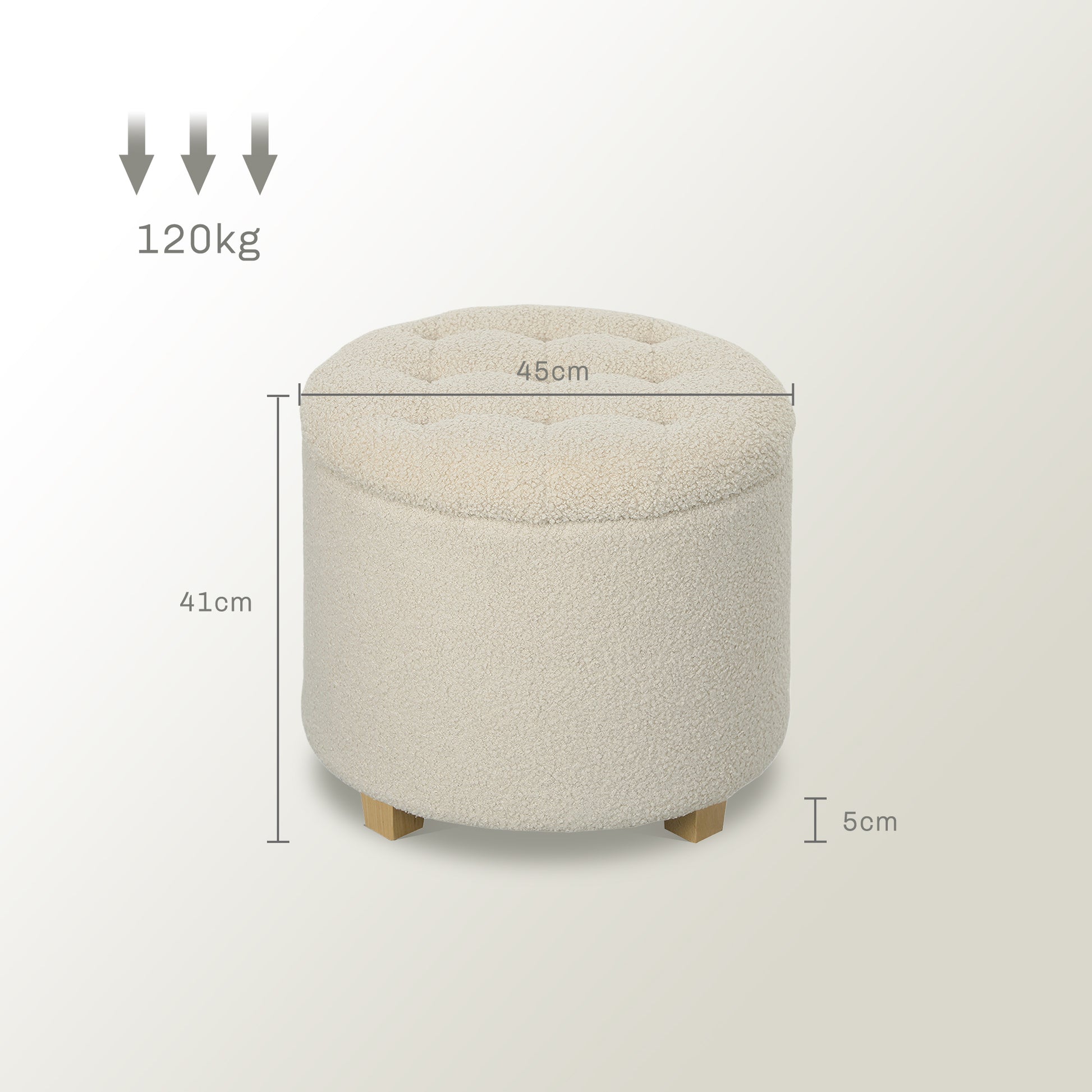 Storage Ottoman Footstool, Small Stool with Lid, Round Footstool with Wooden Legs, Cashmere Look, Padded Stool for Living Room Bedroom, 45 x 45 x 41 cm, Cream White