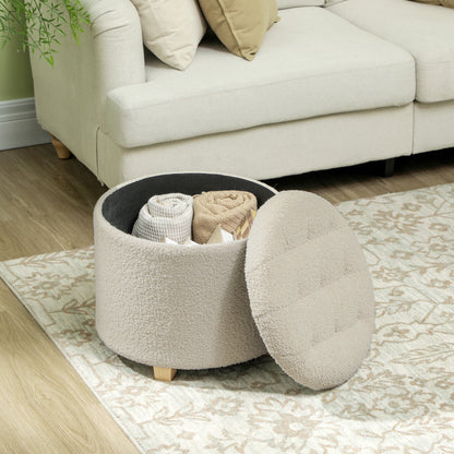 Storage Ottoman Footstool, Small Stool with Lid, Round Footstool with Wooden Legs, Cashmere Look, Padded Stool for Living Room Bedroom, 45 x 45 x 41 cm, Cream White