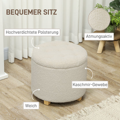 Storage Ottoman Footstool, Small Stool with Lid, Round Footstool with Wooden Legs, Cashmere Look, Padded Stool for Living Room Bedroom, 45 x 45 x 41 cm, Cream White