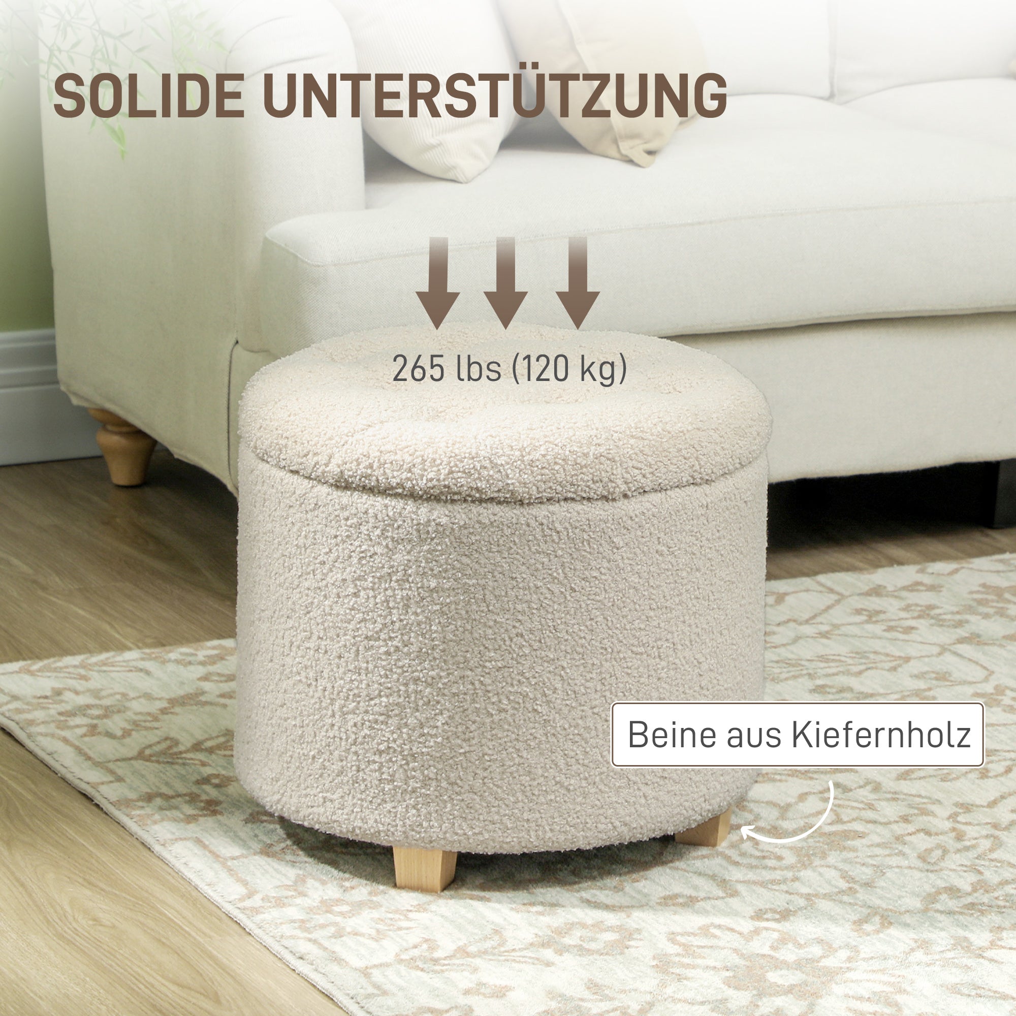 Storage Ottoman Footstool, Small Stool with Lid, Round Footstool with Wooden Legs, Cashmere Look, Padded Stool for Living Room Bedroom, 45 x 45 x 41 cm, Cream White
