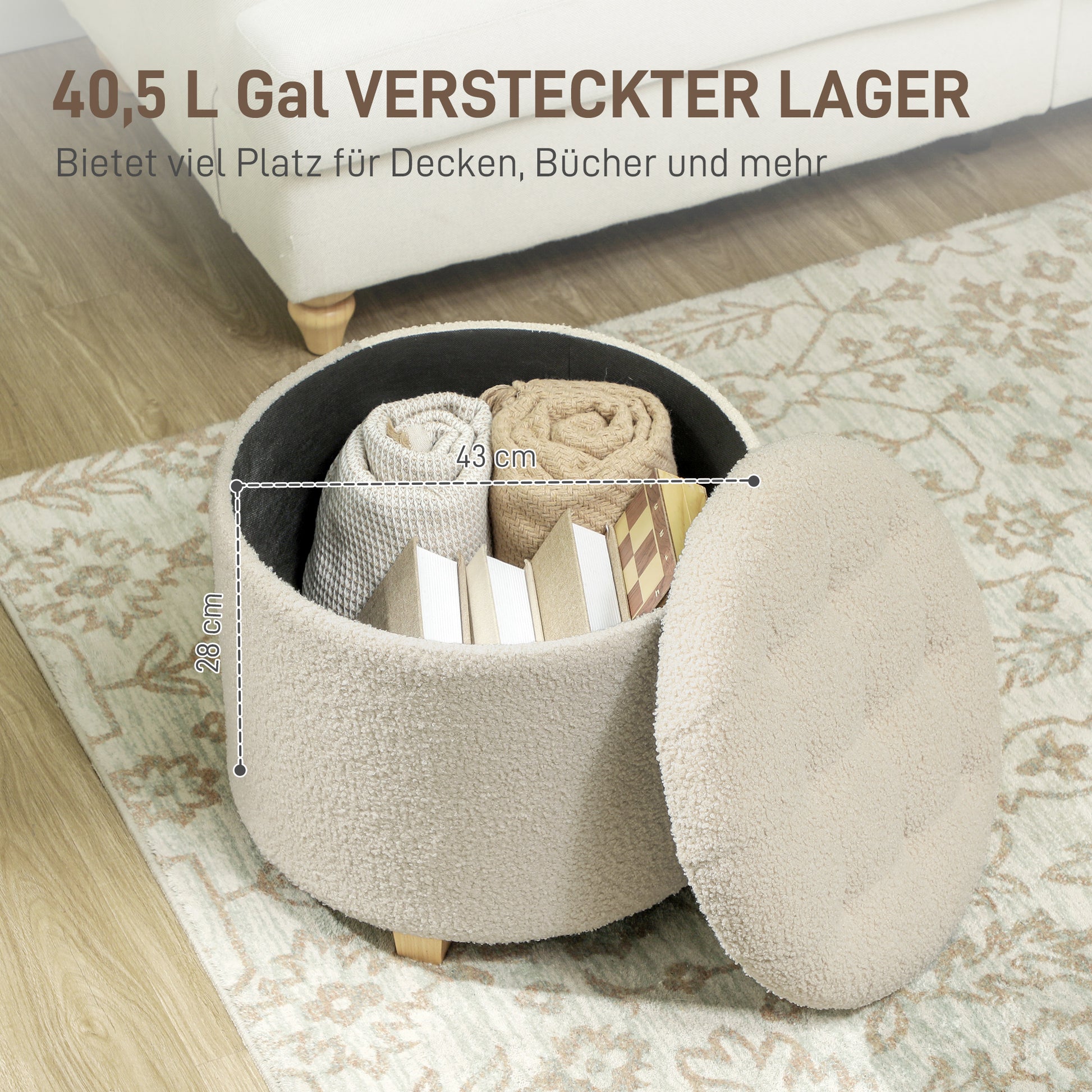 Storage Ottoman Footstool, Small Stool with Lid, Round Footstool with Wooden Legs, Cashmere Look, Padded Stool for Living Room Bedroom, 45 x 45 x 41 cm, Cream White