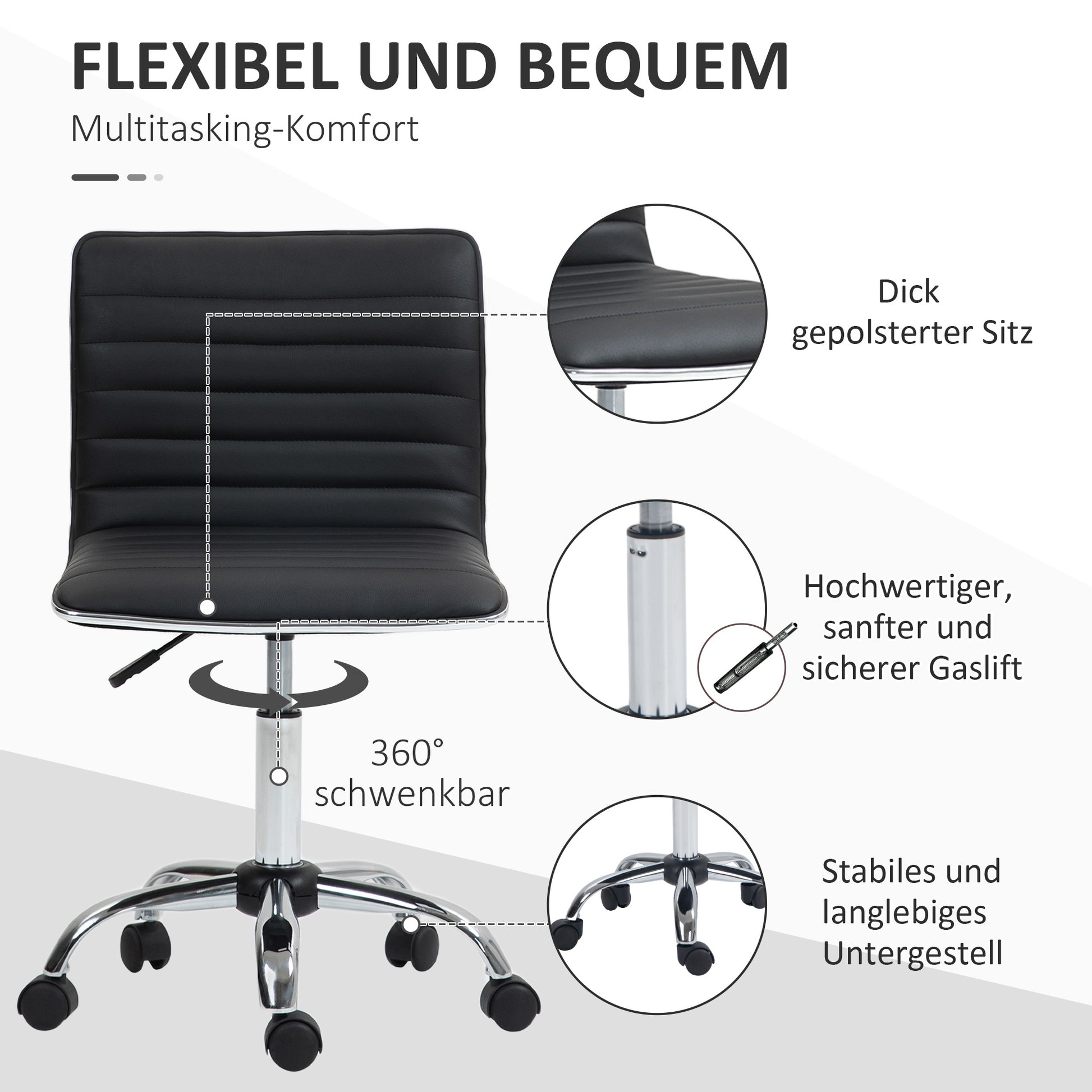 Home Office Chair Desk Chair in Faux Leather Height Adjustable Swivel Chair up to 120 kg Capacity, Vanity Chair for Study, Bedroom Black