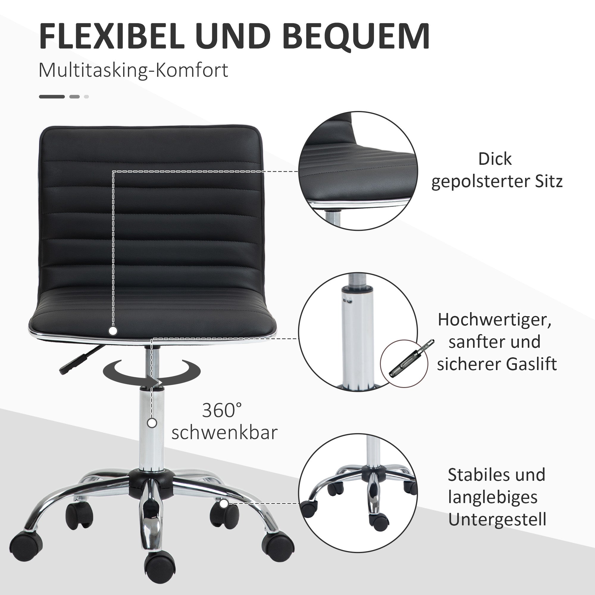 Home Office Chair Desk Chair in Faux Leather Height Adjustable Swivel Chair up to 120 kg Capacity, Vanity Chair for Study, Bedroom Black