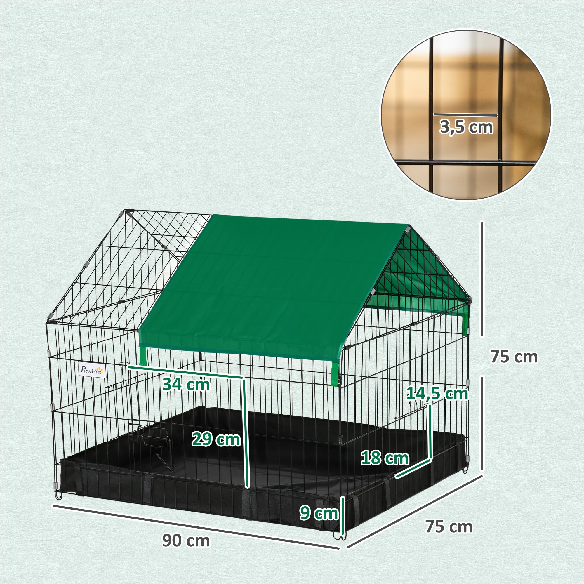 Cage for Small Animals Pet Park with 2 Doors Canopy and Water-Resistant Oxford Base for Indoor and Outdoor Use 90x75x75 cm Black and Green