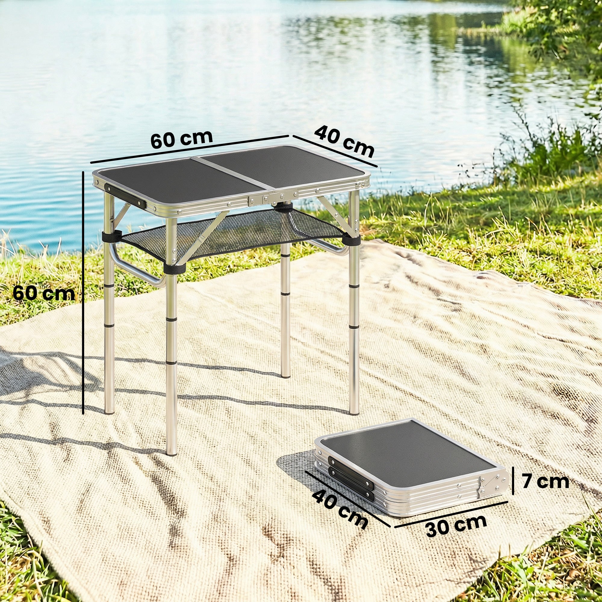 Folding Aluminum Camping Table, Rectangular 23.6 x 15.7 x 23.6 in, Carry Handle, 4 Adjustable Heights, Mesh Storage — Black