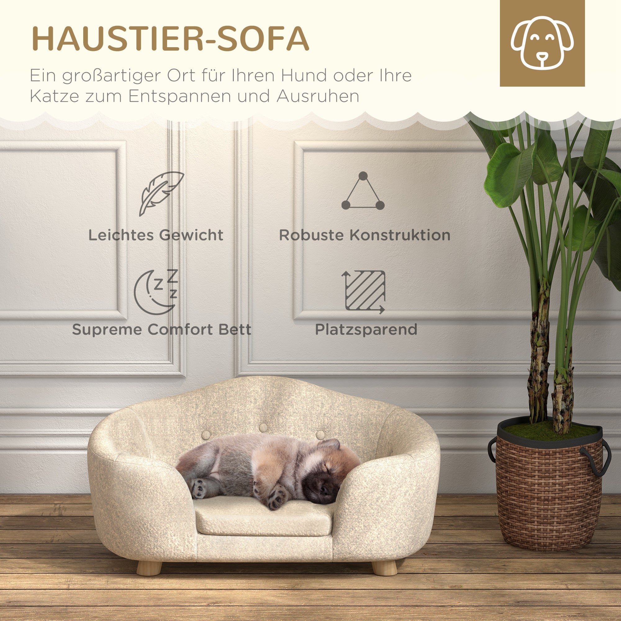 Pet Sofa Dog Mat Dog Bed Dog Couch Cat Sofa with Pillow Back Pocket Plush Foam Pine Cream White 70 x 47 x 30 cm