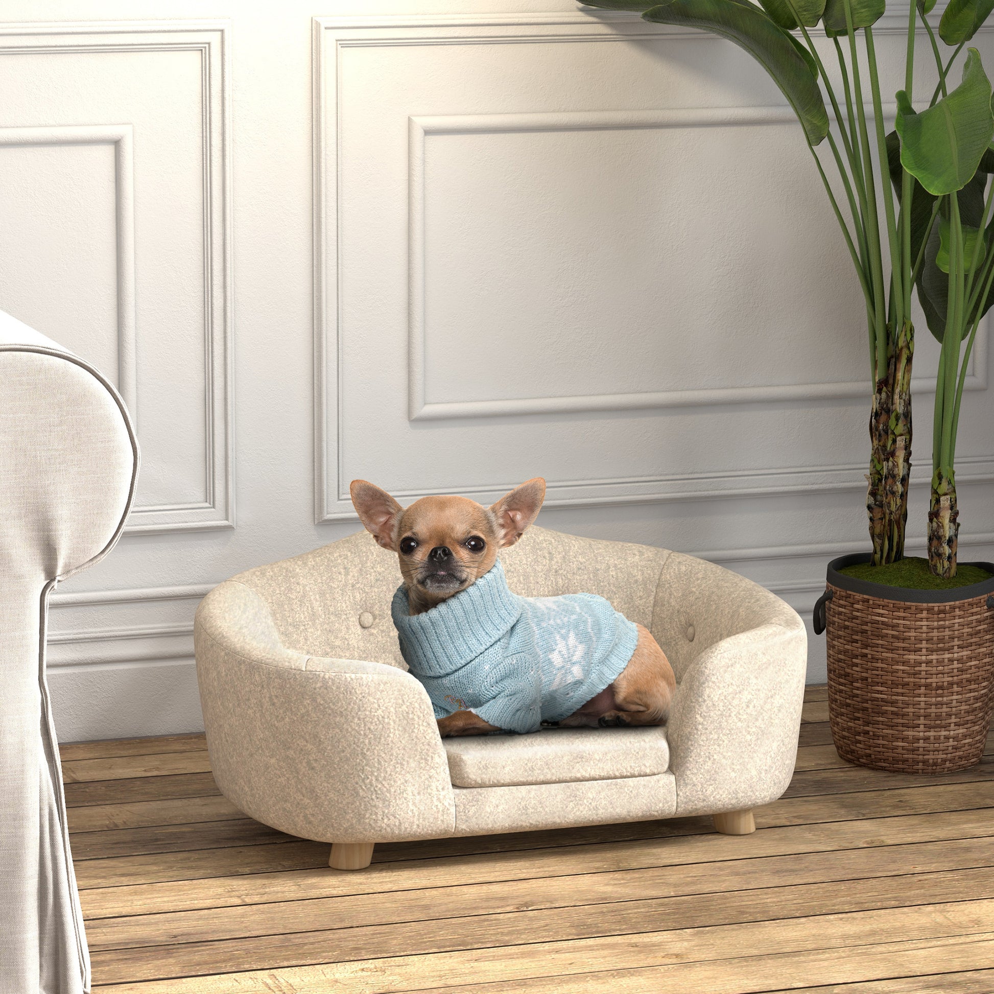 Pet Sofa Dog Mat Dog Bed Dog Couch Cat Sofa with Pillow Back Pocket Plush Foam Pine Cream White 70 x 47 x 30 cm