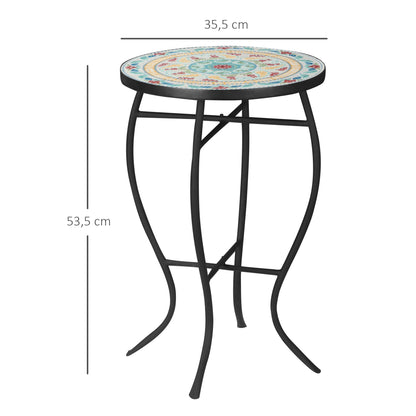 Round Garden Table Mosaic Side Table with Metal Legs for Patio Terrace Outdoor Balcony 35.5x35.5x53.5 cm Turquoise