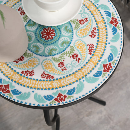 Round Garden Table Mosaic Side Table with Metal Legs for Patio Terrace Outdoor Balcony 35.5x35.5x53.5 cm Turquoise