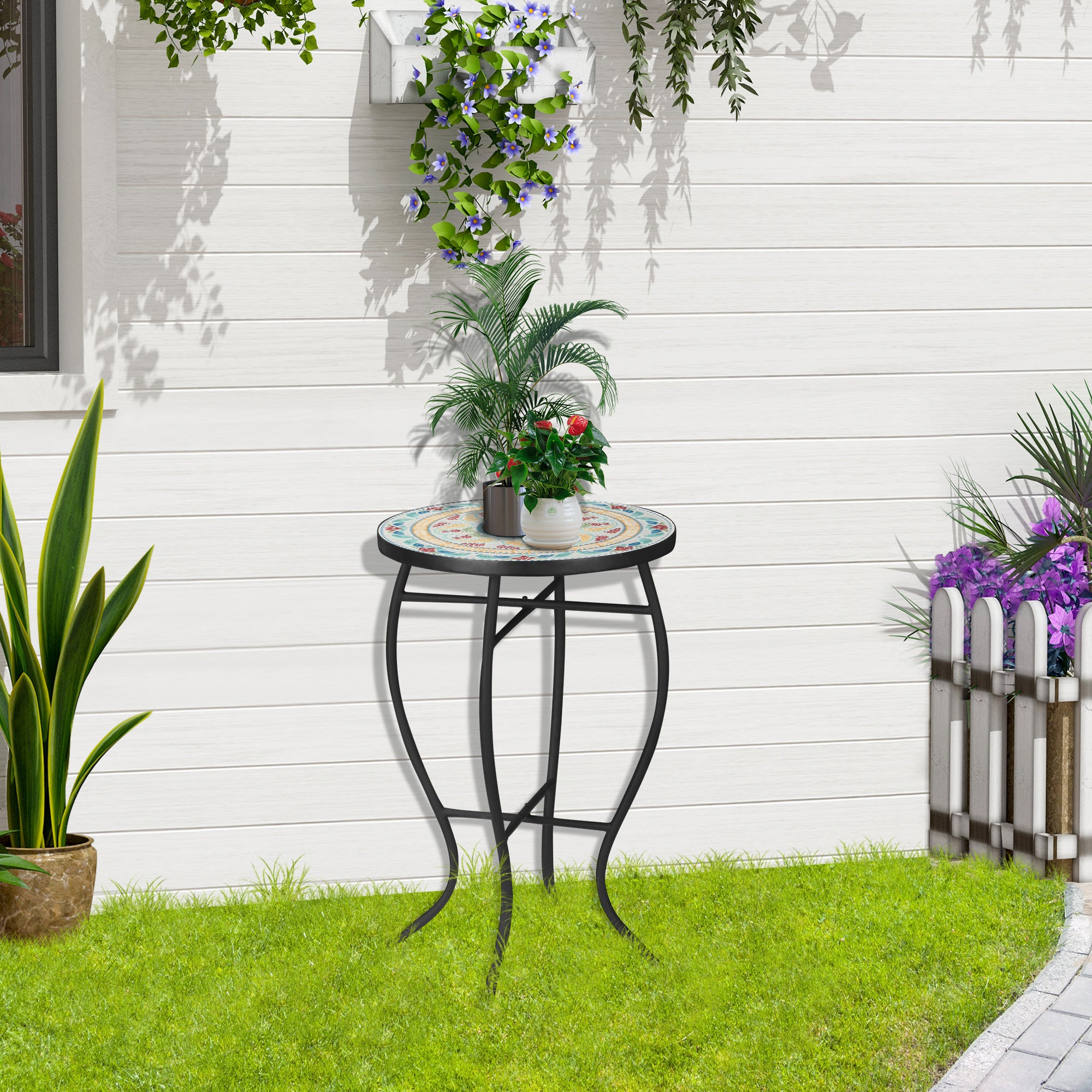 Round Garden Table Mosaic Side Table with Metal Legs for Patio Terrace Outdoor Balcony 35.5x35.5x53.5 cm Turquoise