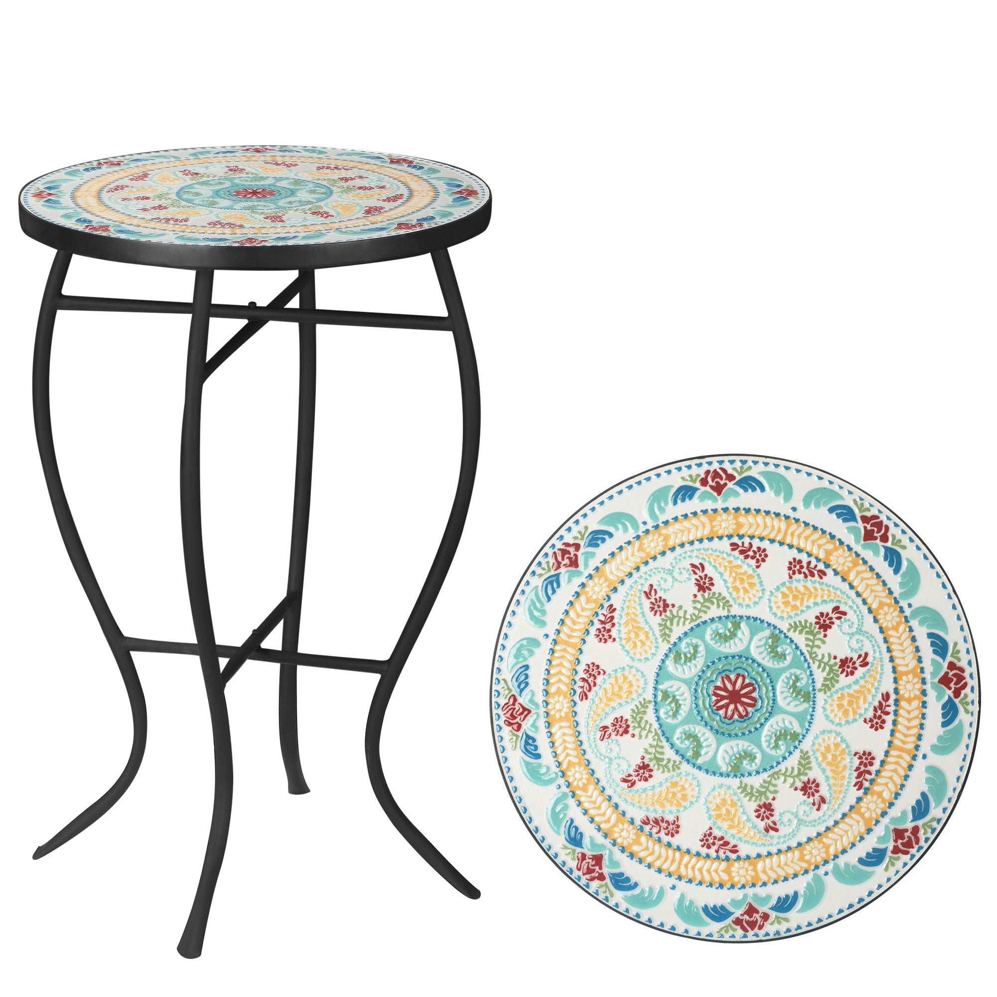 Round Garden Table Mosaic Side Table with Metal Legs for Patio Terrace Outdoor Balcony 35.5x35.5x53.5 cm Turquoise