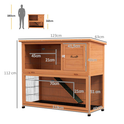 Wooden Rabbit Hutch 2-story Small Animal Hutch Pet Cage with Pallets, Ramp Small Animal House with Outdoor Enclosure Asphalt Roof for 2 Rabbits Orange 123 x 63 x 112 cm