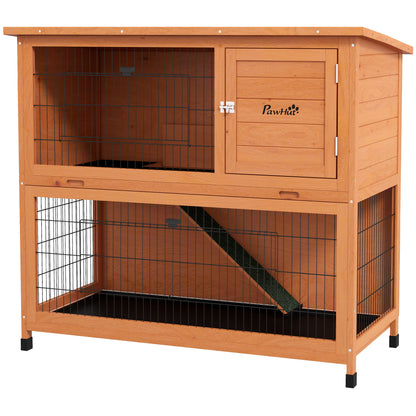 Wooden Rabbit Hutch 2-story Small Animal Hutch Pet Cage with Pallets, Ramp Small Animal House with Outdoor Enclosure Asphalt Roof for 2 Rabbits Orange 123 x 63 x 112 cm