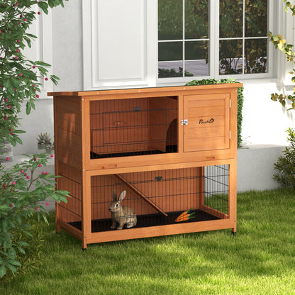Wooden Rabbit Hutch 2-story Small Animal Hutch Pet Cage with Pallets, Ramp Small Animal House with Outdoor Enclosure Asphalt Roof for 2 Rabbits Orange 123 x 63 x 112 cm
