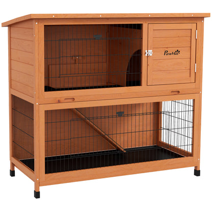 Wooden Rabbit Hutch 2-story Small Animal Hutch Pet Cage with Pallets, Ramp Small Animal House with Outdoor Enclosure Asphalt Roof for 2 Rabbits Orange 123 x 63 x 112 cm