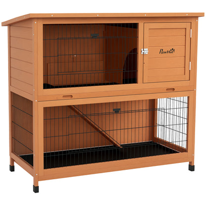 Wooden Rabbit Hutch 2-story Small Animal Hutch Pet Cage with Pallets, Ramp Small Animal House with Outdoor Enclosure Asphalt Roof for 2 Rabbits Orange 123 x 63 x 112 cm