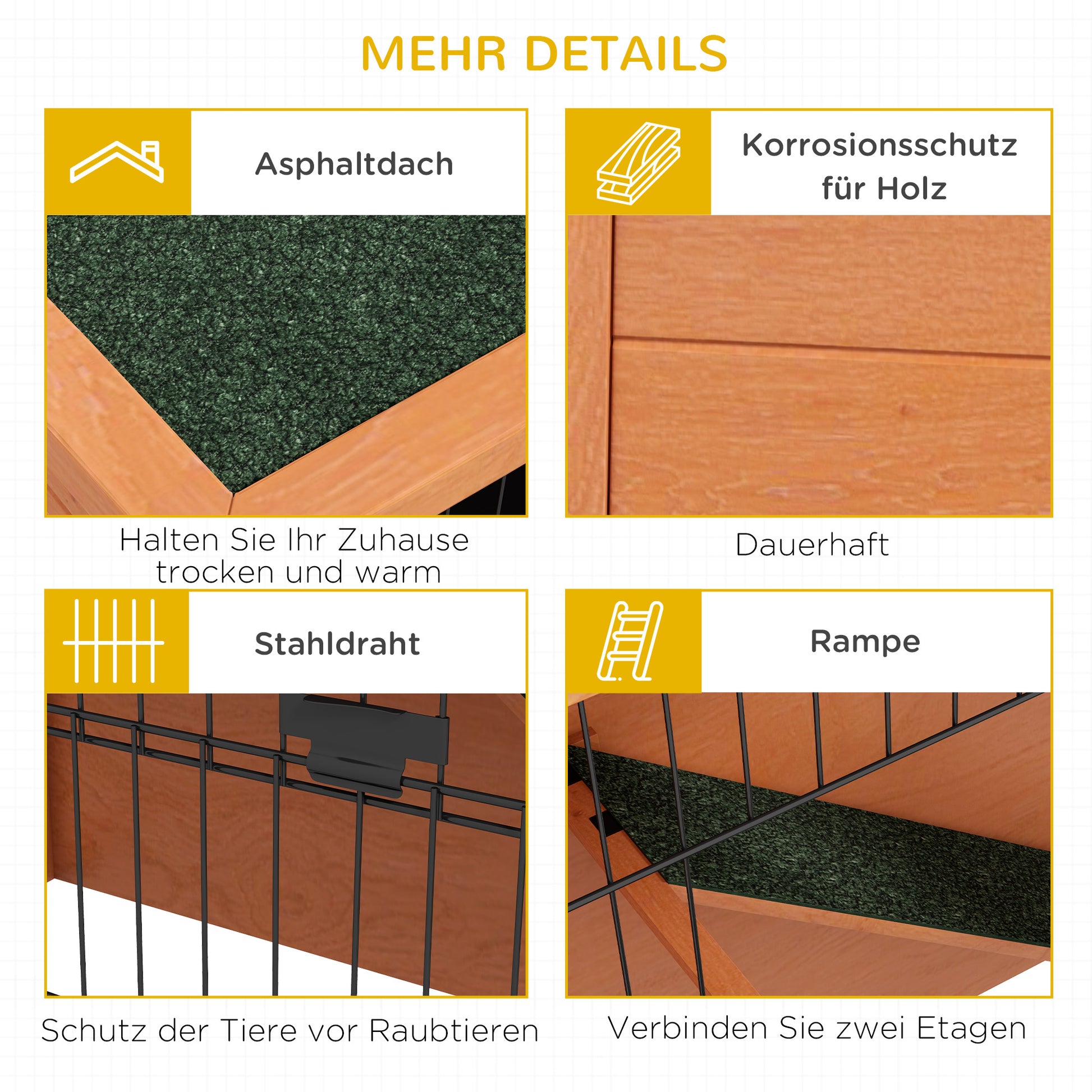 Wooden Rabbit Hutch 2-story Small Animal Hutch Pet Cage with Pallets, Ramp Small Animal House with Outdoor Enclosure Asphalt Roof for 2 Rabbits Orange 123 x 63 x 112 cm