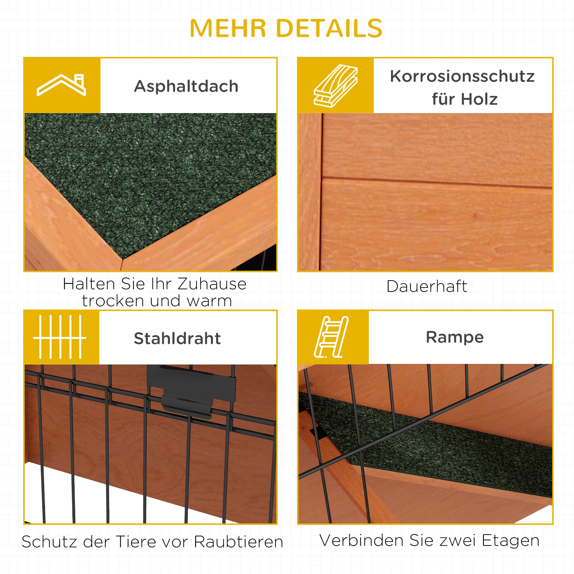 Wooden Rabbit Hutch 2-story Small Animal Hutch Pet Cage with Pallets, Ramp Small Animal House with Outdoor Enclosure Asphalt Roof for 2 Rabbits Orange 123 x 63 x 112 cm