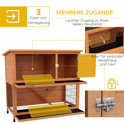 Wooden Rabbit Hutch 2-story Small Animal Hutch Pet Cage with Pallets, Ramp Small Animal House with Outdoor Enclosure Asphalt Roof for 2 Rabbits Orange 123 x 63 x 112 cm