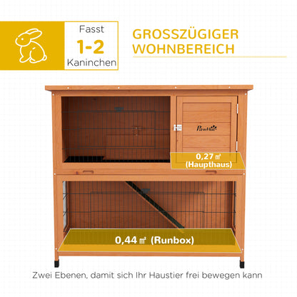 Wooden Rabbit Hutch 2-story Small Animal Hutch Pet Cage with Pallets, Ramp Small Animal House with Outdoor Enclosure Asphalt Roof for 2 Rabbits Orange 123 x 63 x 112 cm