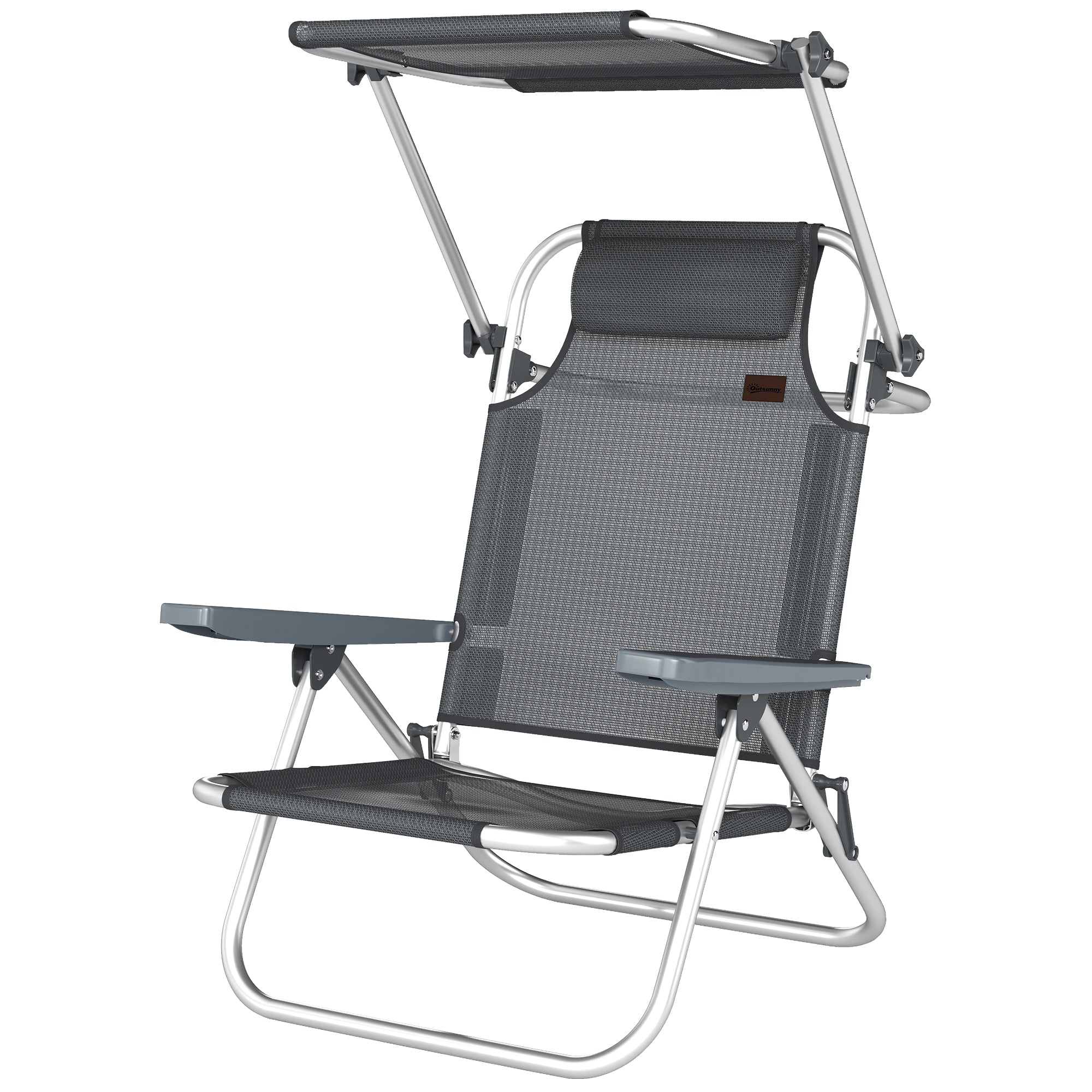 Folding Sun Lounger with Head Cushion & Adjustable Canopy, 6-Position Reclining Backrest, Camping/Garden Chair, Holds up to 265 lb (120 kg) – Dark Gray