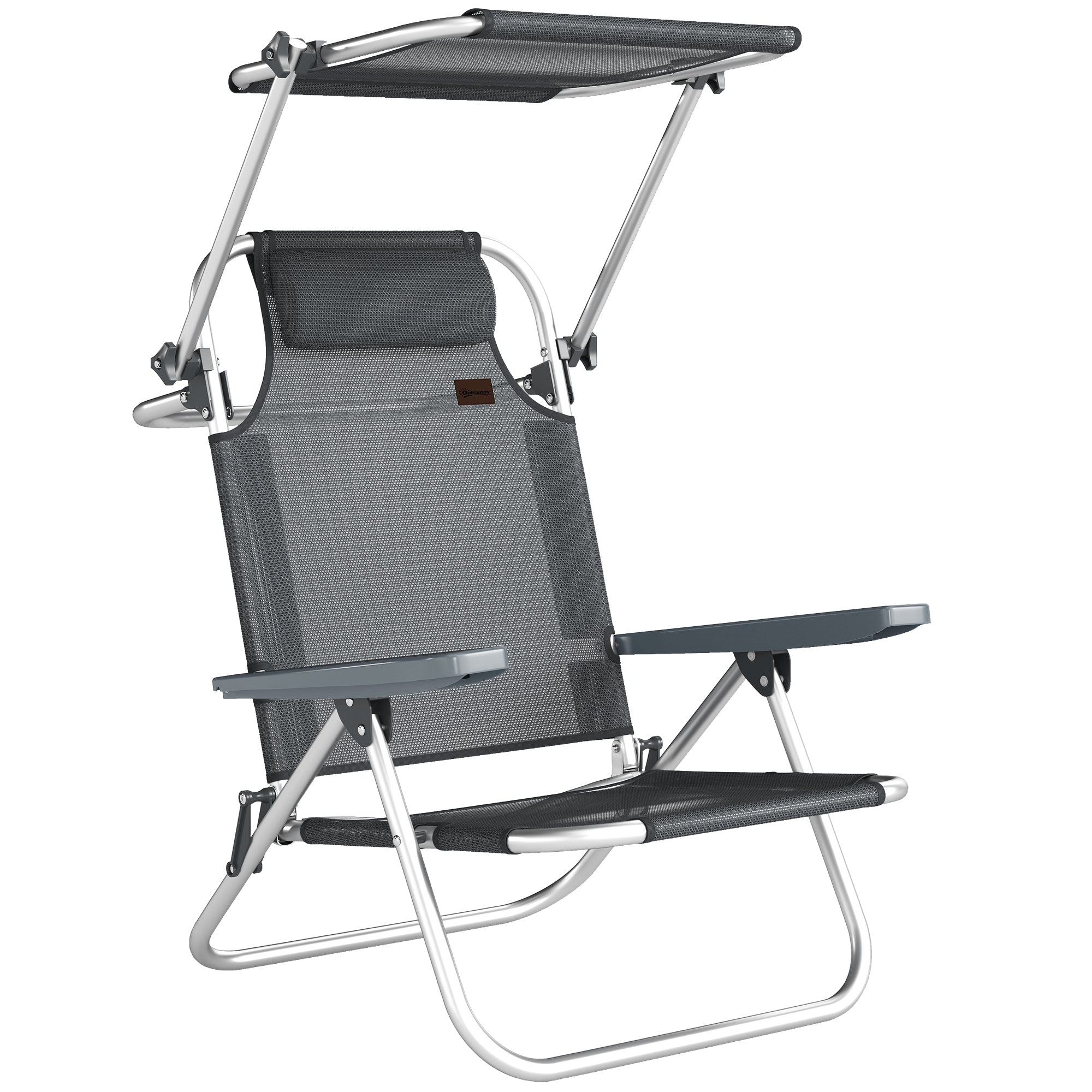 Folding Sun Lounger with Head Cushion & Adjustable Canopy, 6-Position Reclining Backrest, Camping/Garden Chair, Holds up to 265 lb (120 kg) – Dark Gray