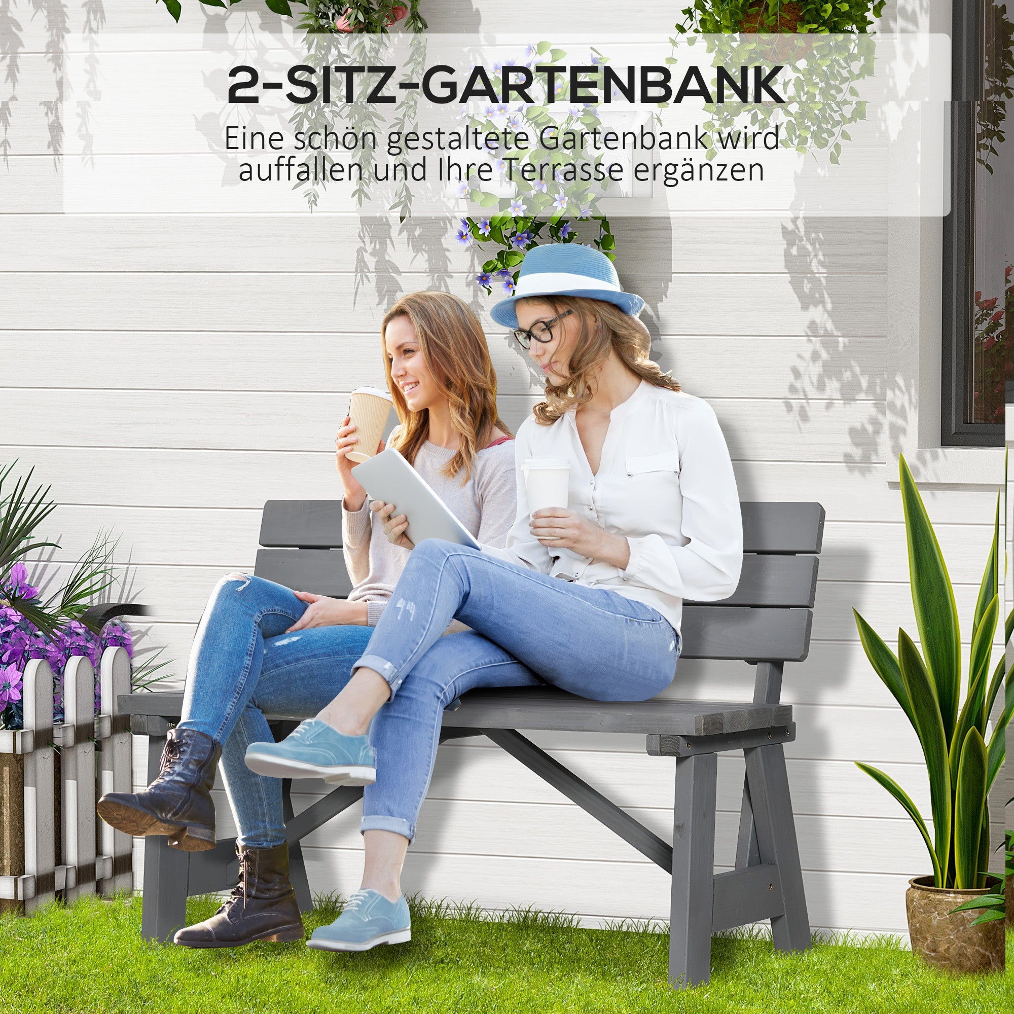 2-Seater Wooden Garden Bench, Weatherproof Bench, UV-Resistant Garden Furniture with Backrests, Park Bench 220kg Load Capacity, Balcony Bench, Wooden Bench for Balcony Terrace, Garden, 116 x 56 x 80 cm, Gray