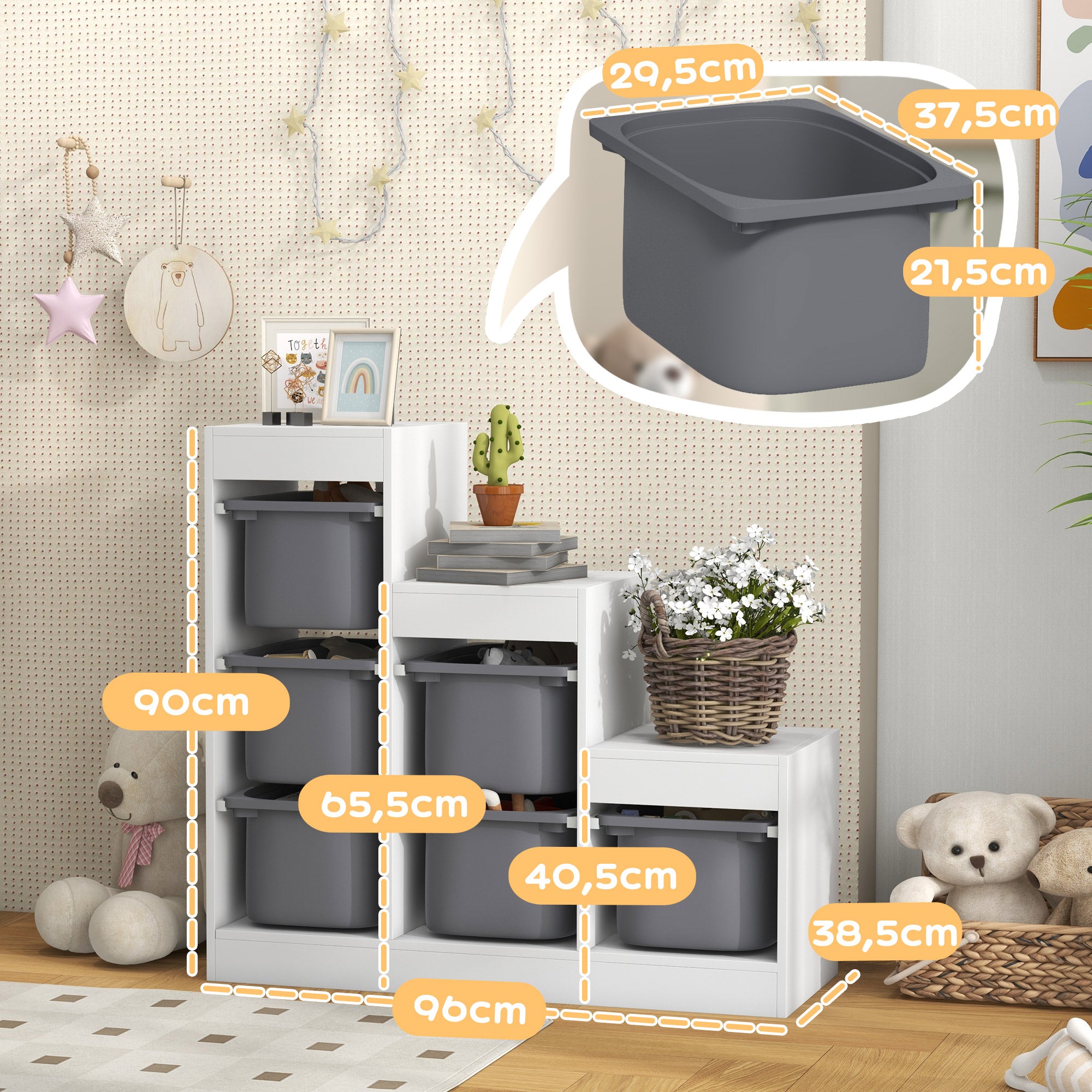 Toy Storage Cabinet with 6 Removable Bins 3 Levels, Easy Toy Storage for Kids, Quick Cleaning, for 3-8 Years, Gray