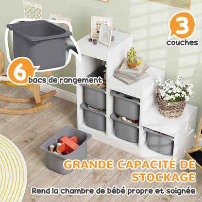 Toy Storage Cabinet with 6 Removable Bins 3 Levels, Easy Toy Storage for Kids, Quick Cleaning, for 3-8 Years, Gray