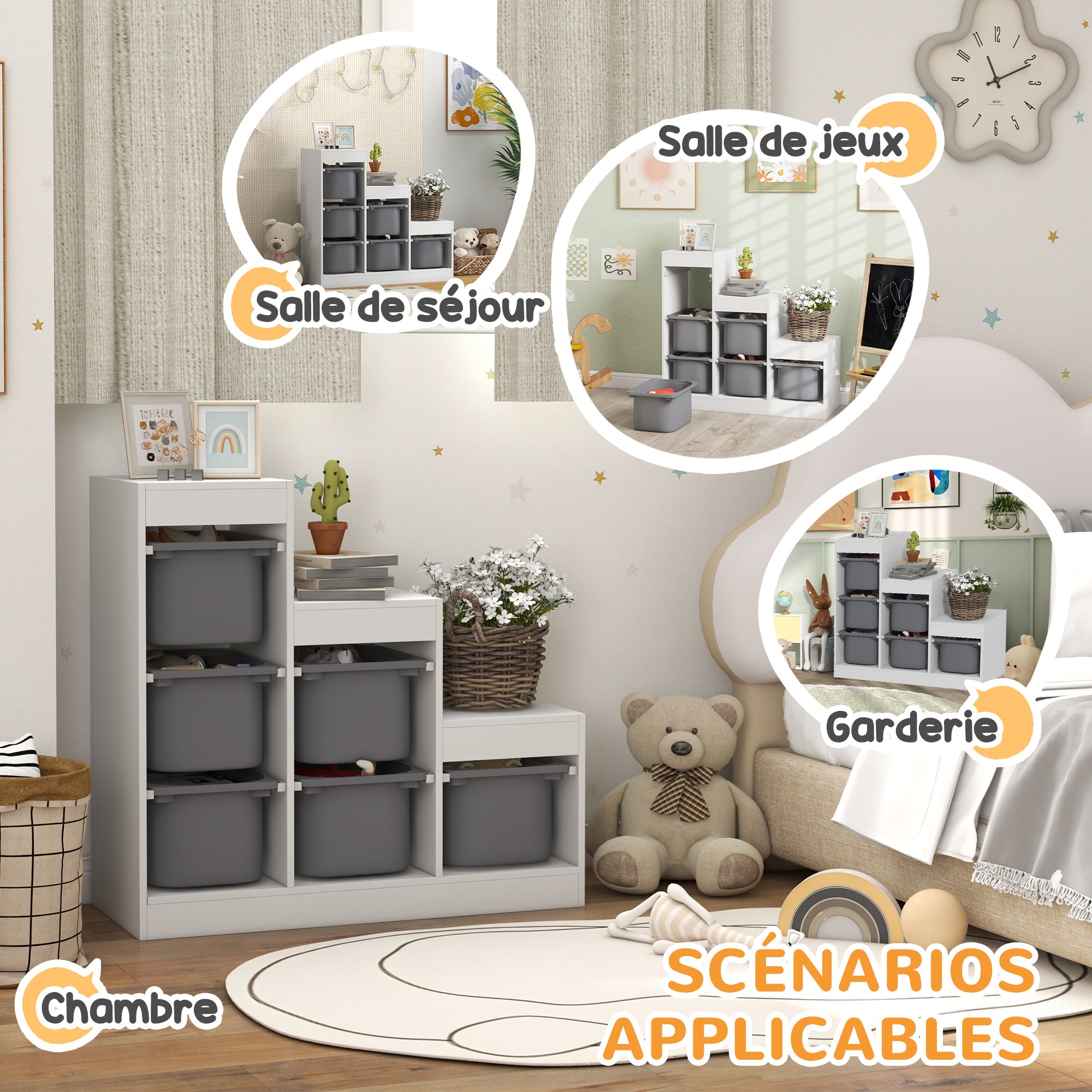 Toy Storage Cabinet with 6 Removable Bins 3 Levels, Easy Toy Storage for Kids, Quick Cleaning, for 3-8 Years, Gray