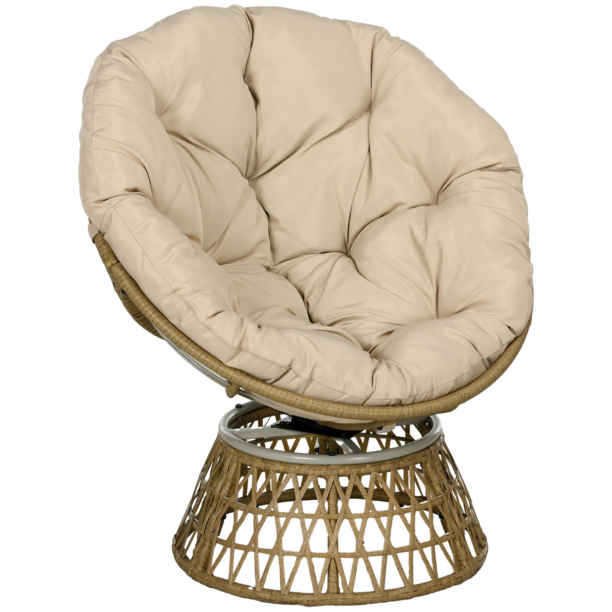 Papasan Chair Wicker Swivel Armchair with Cushion 360 Degree Adjustable Footstool 85 x 70 x 82 cm Khaki