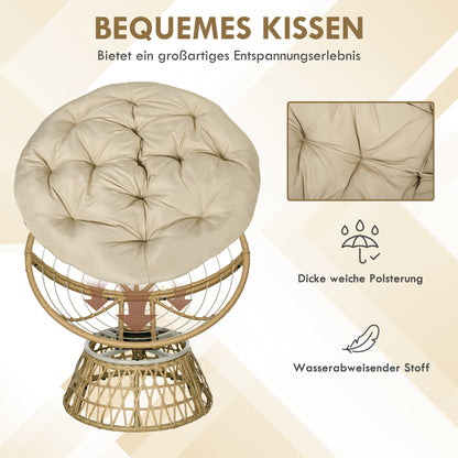 Papasan Chair Wicker Swivel Armchair with Cushion 360 Degree Adjustable Footstool 85 x 70 x 82 cm Khaki