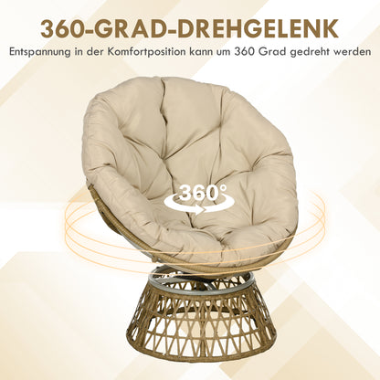 Papasan Chair Wicker Swivel Armchair with Cushion 360 Degree Adjustable Footstool 85 x 70 x 82 cm Khaki