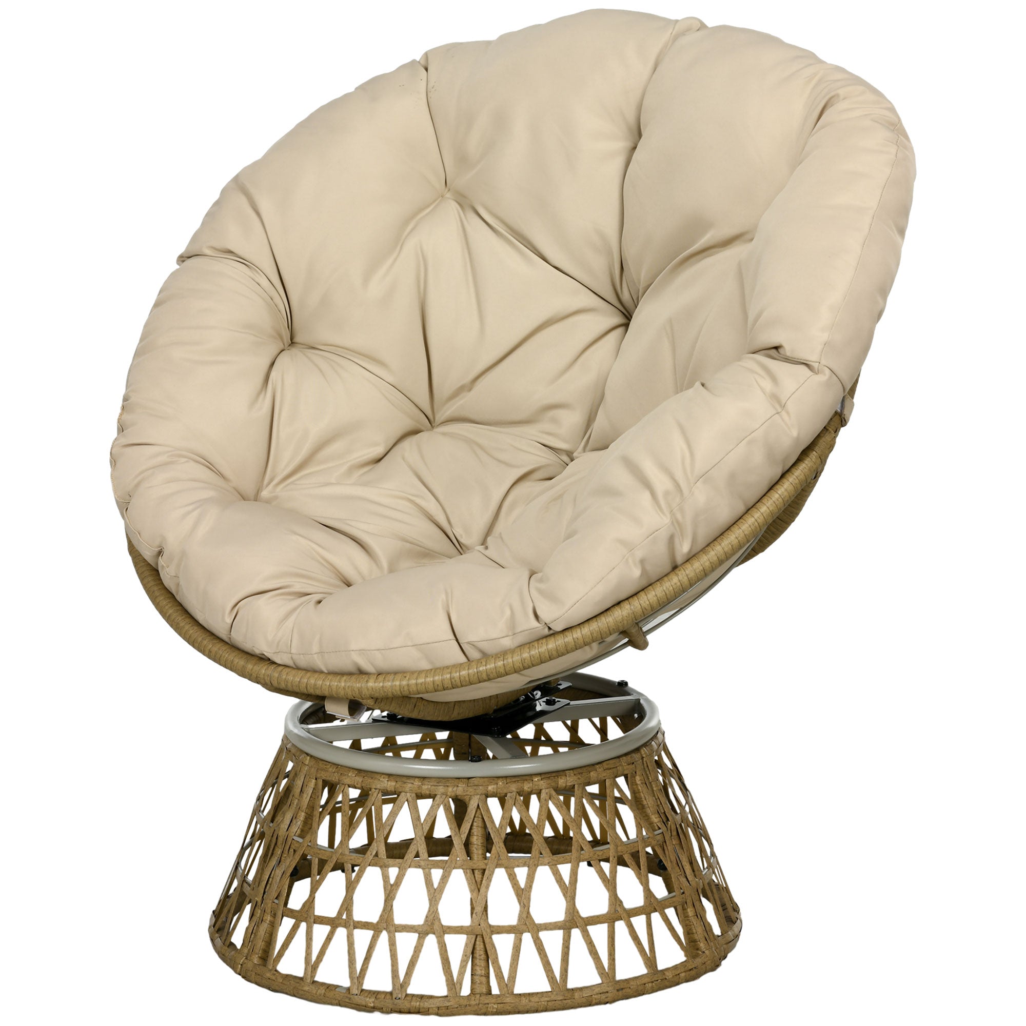 Papasan Chair Wicker Swivel Armchair with Cushion 360 Degree Adjustable Footstool 85 x 70 x 82 cm Khaki