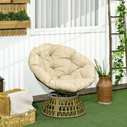 Papasan Chair Wicker Swivel Armchair with Cushion 360 Degree Adjustable Footstool 85 x 70 x 82 cm Khaki